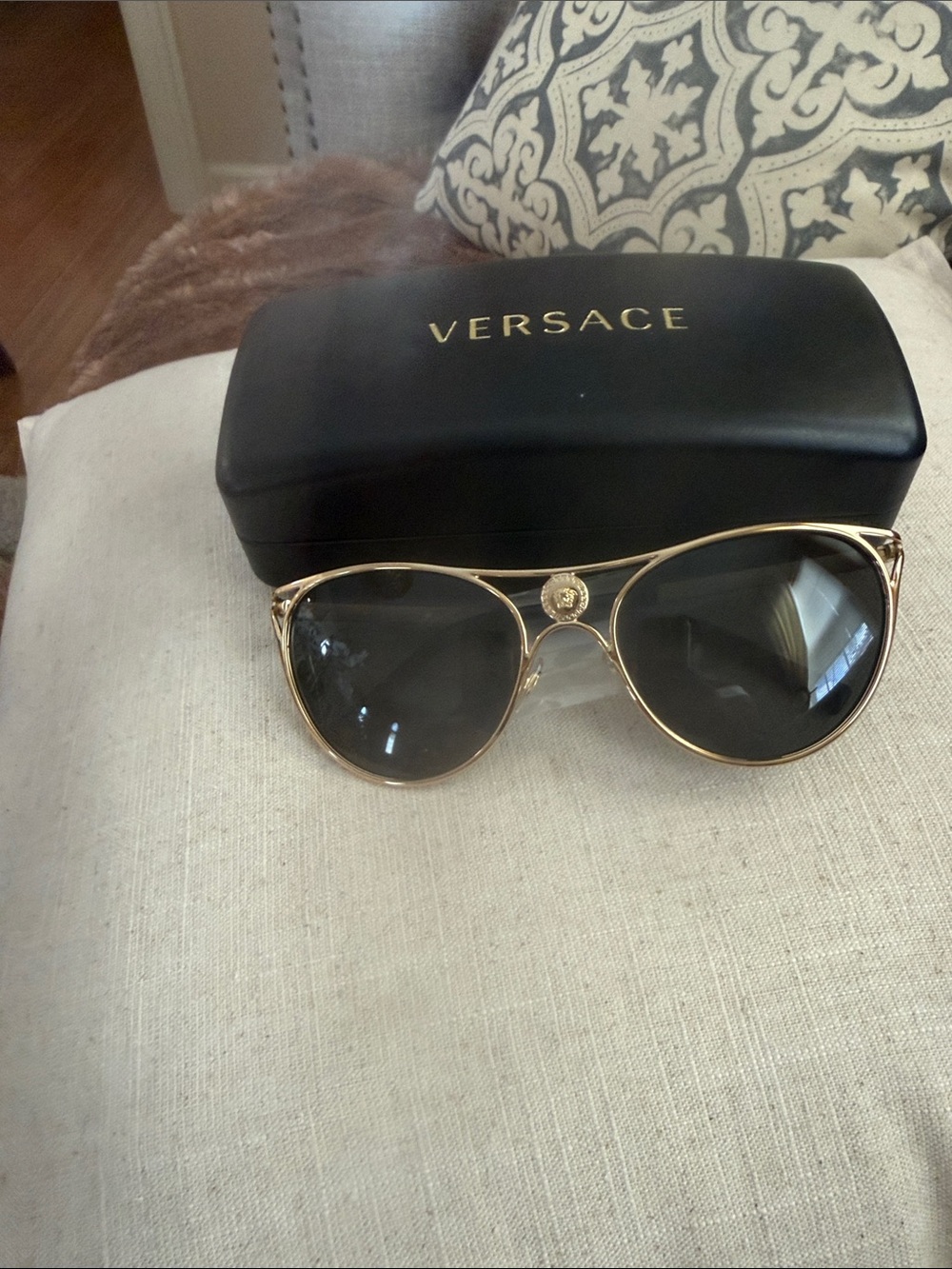 Versace Gold Frame Black Lens Aviator Sunglasses with Medusa Accent